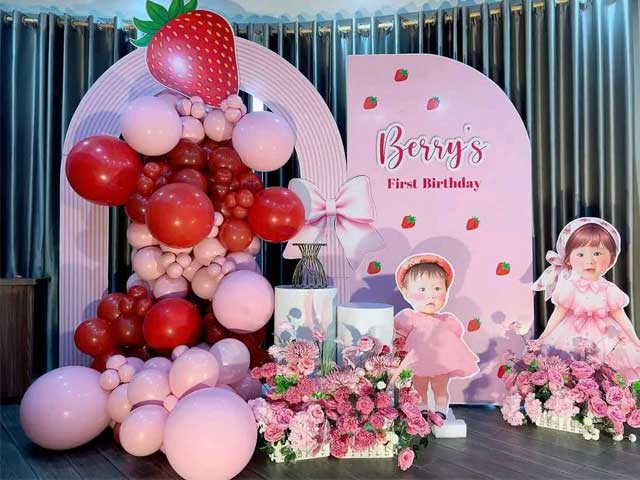 Backdrop Sinh Nhật Bé Gái Tông Hồng