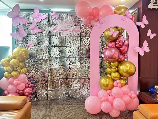 Rèm sequin tone hồng pastel trang trí tiệc sinh nhật